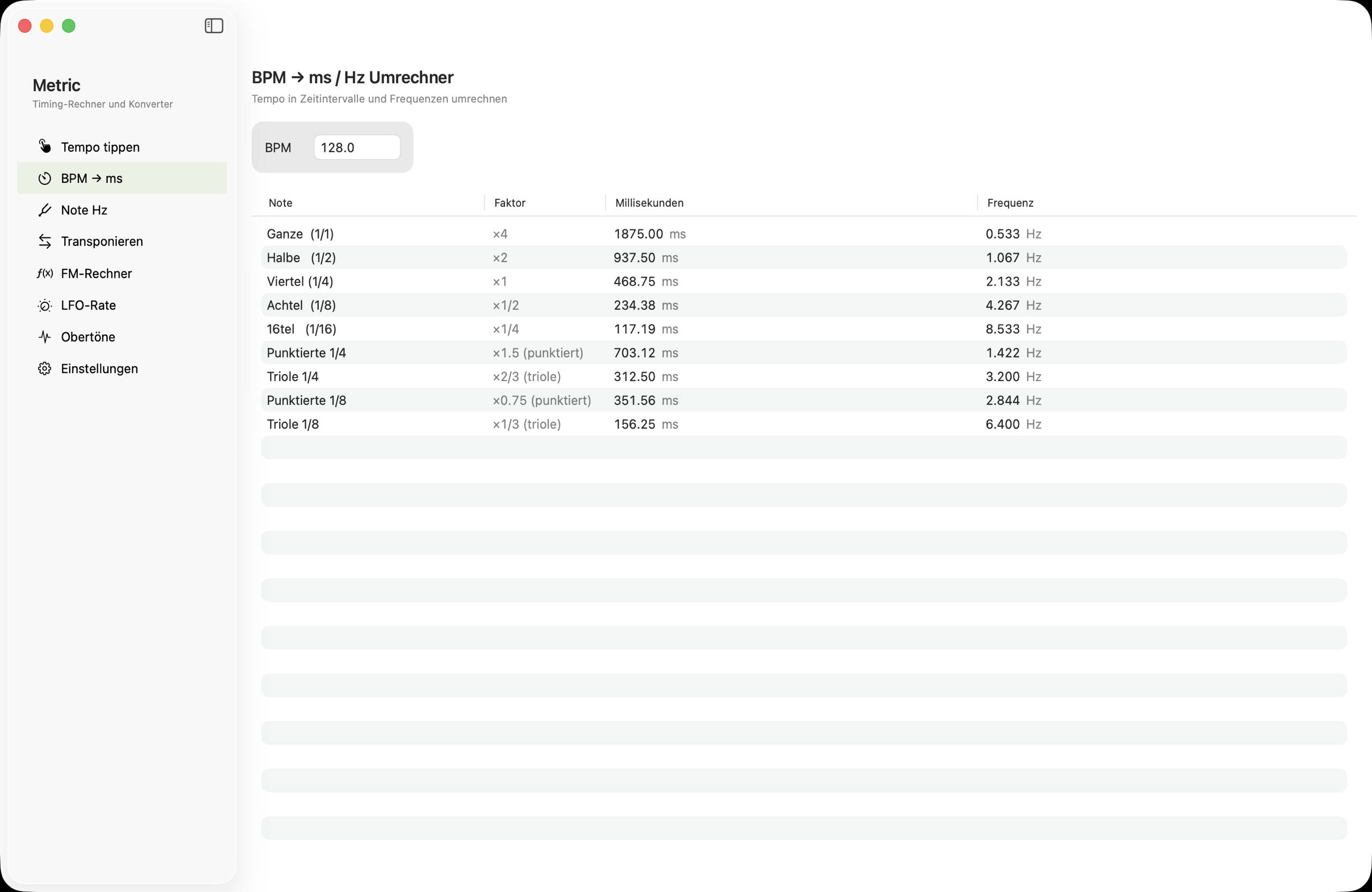 BPM-zu-ms/Hz-Tabelle auf macOS