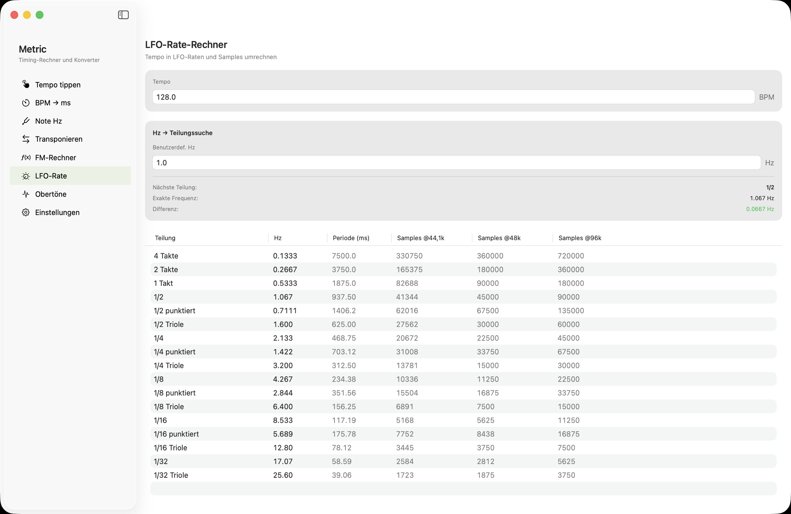 LFO-Rate-Rechner auf macOS
