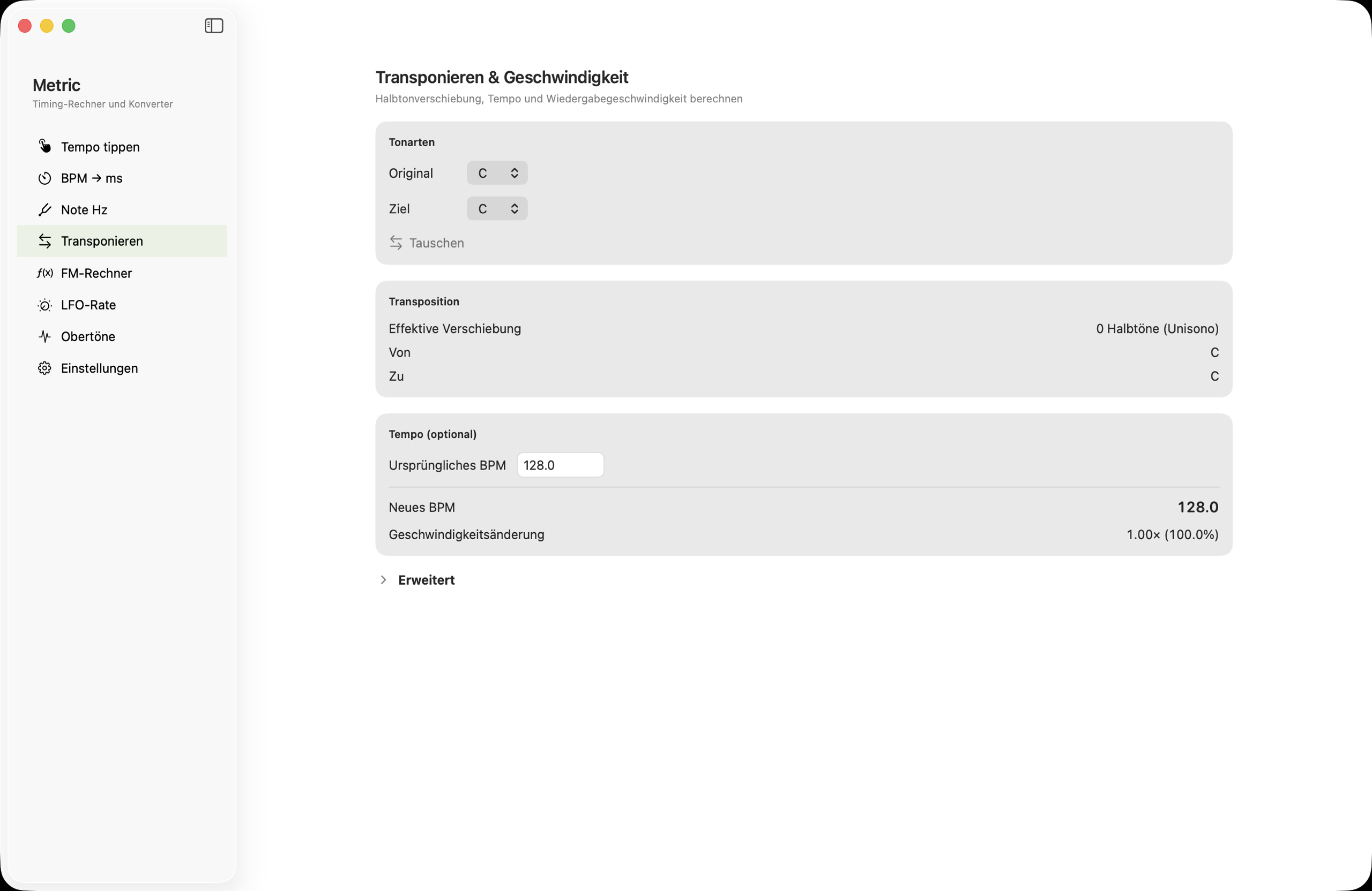 Transpositions- und Geschwindigkeitstool auf macOS