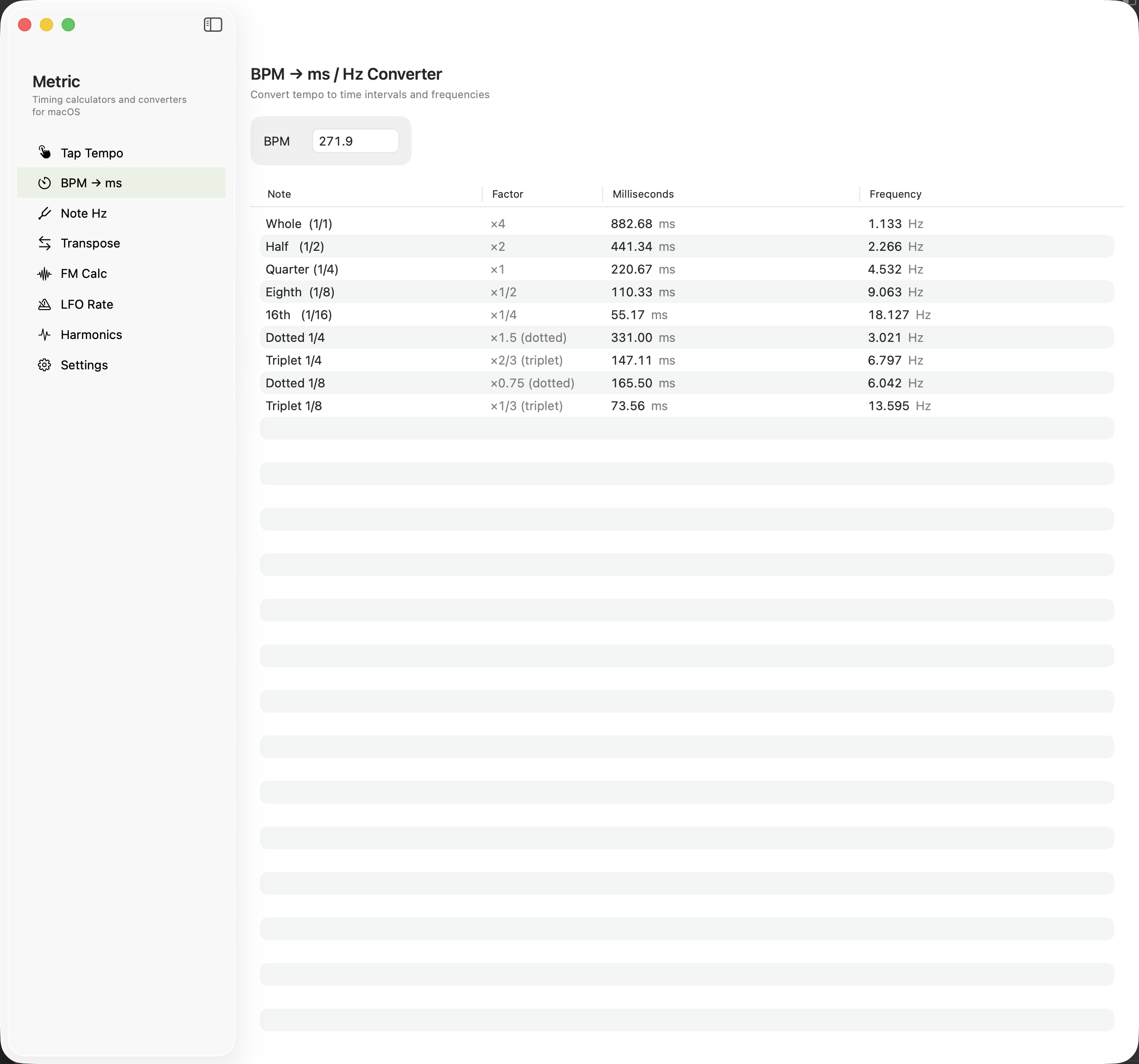 BPM to ms/Hz table on macOS