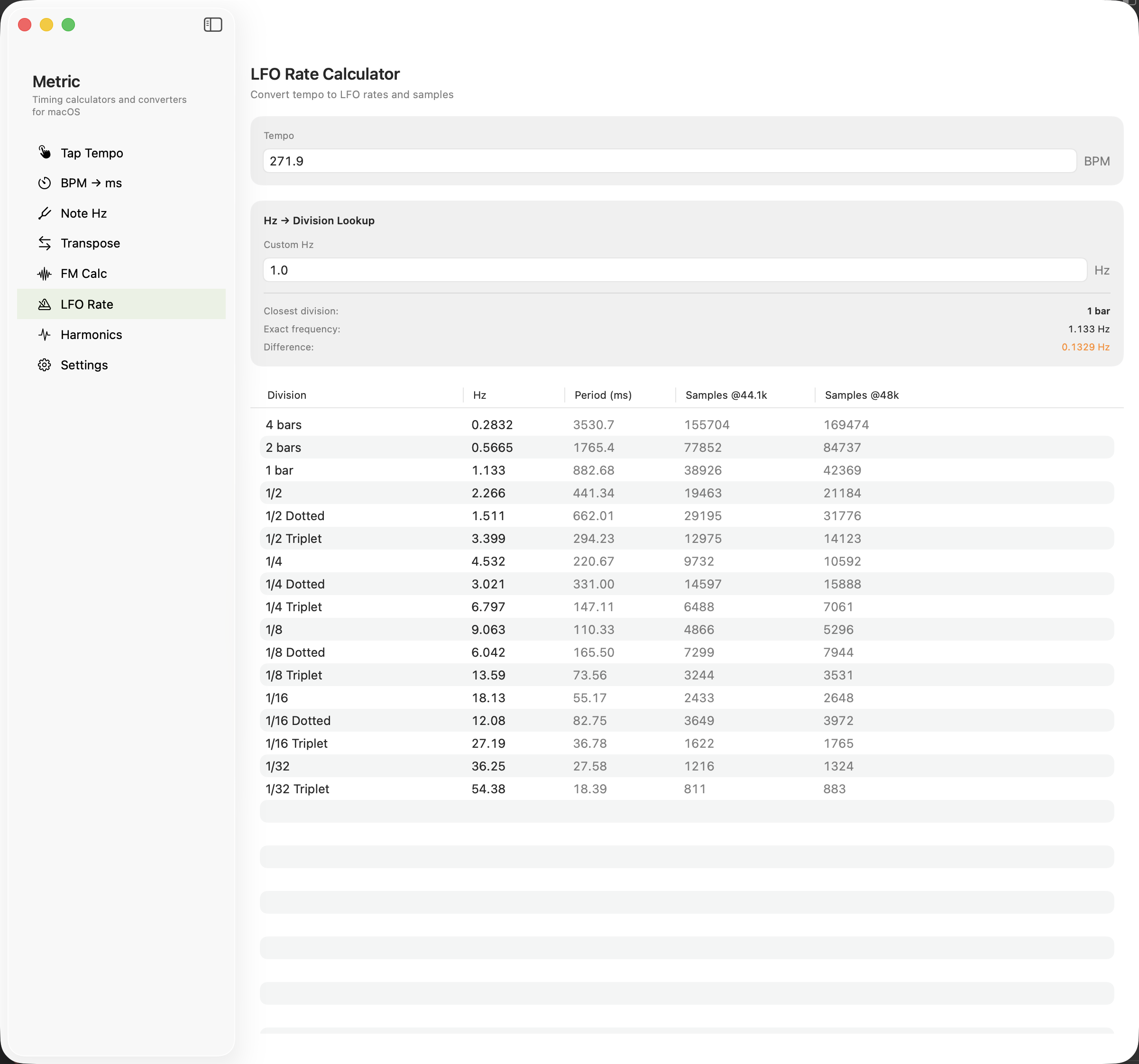 LFO Rate calculator on macOS