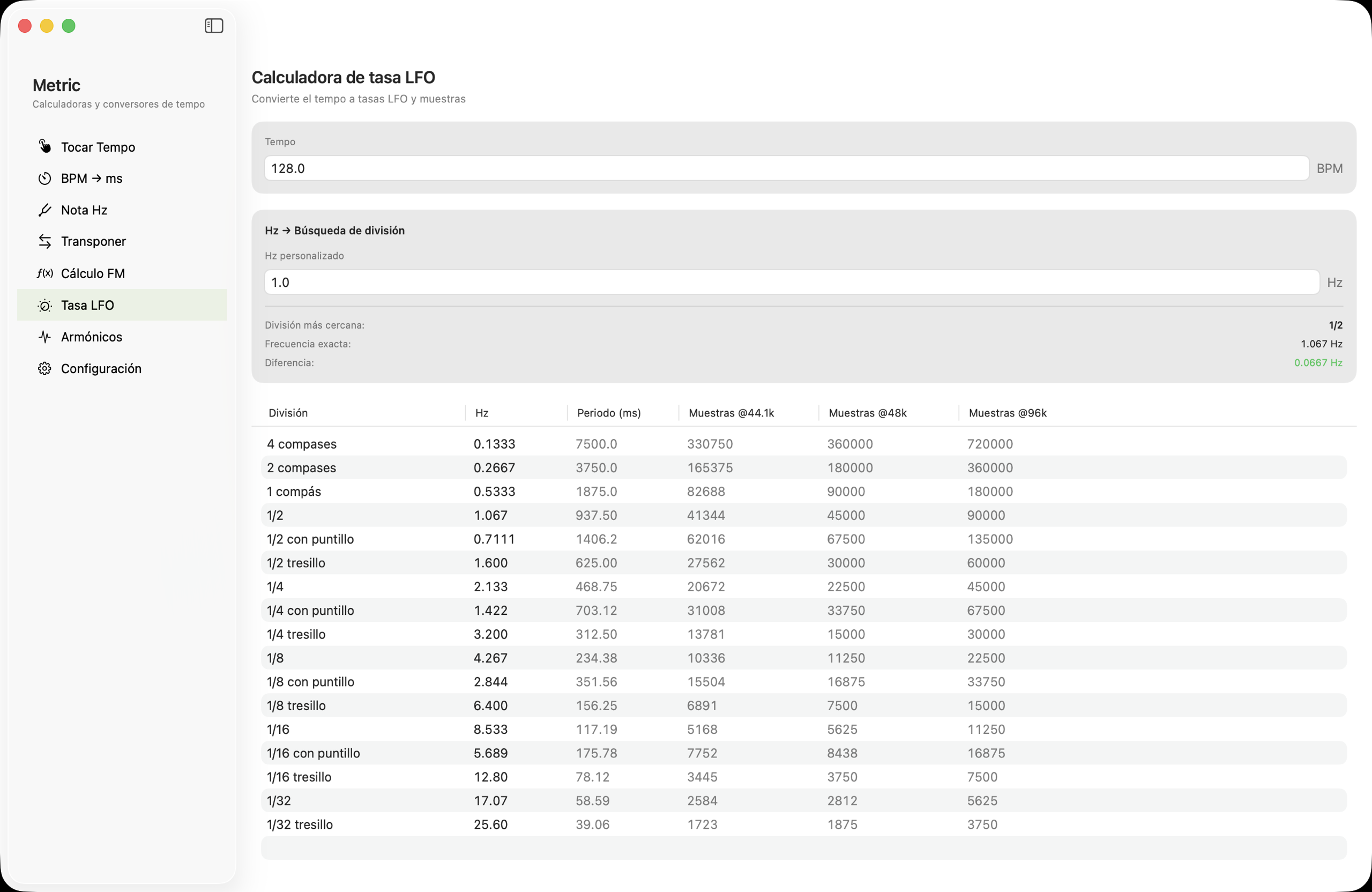 Calculadora de tasa LFO en macOS