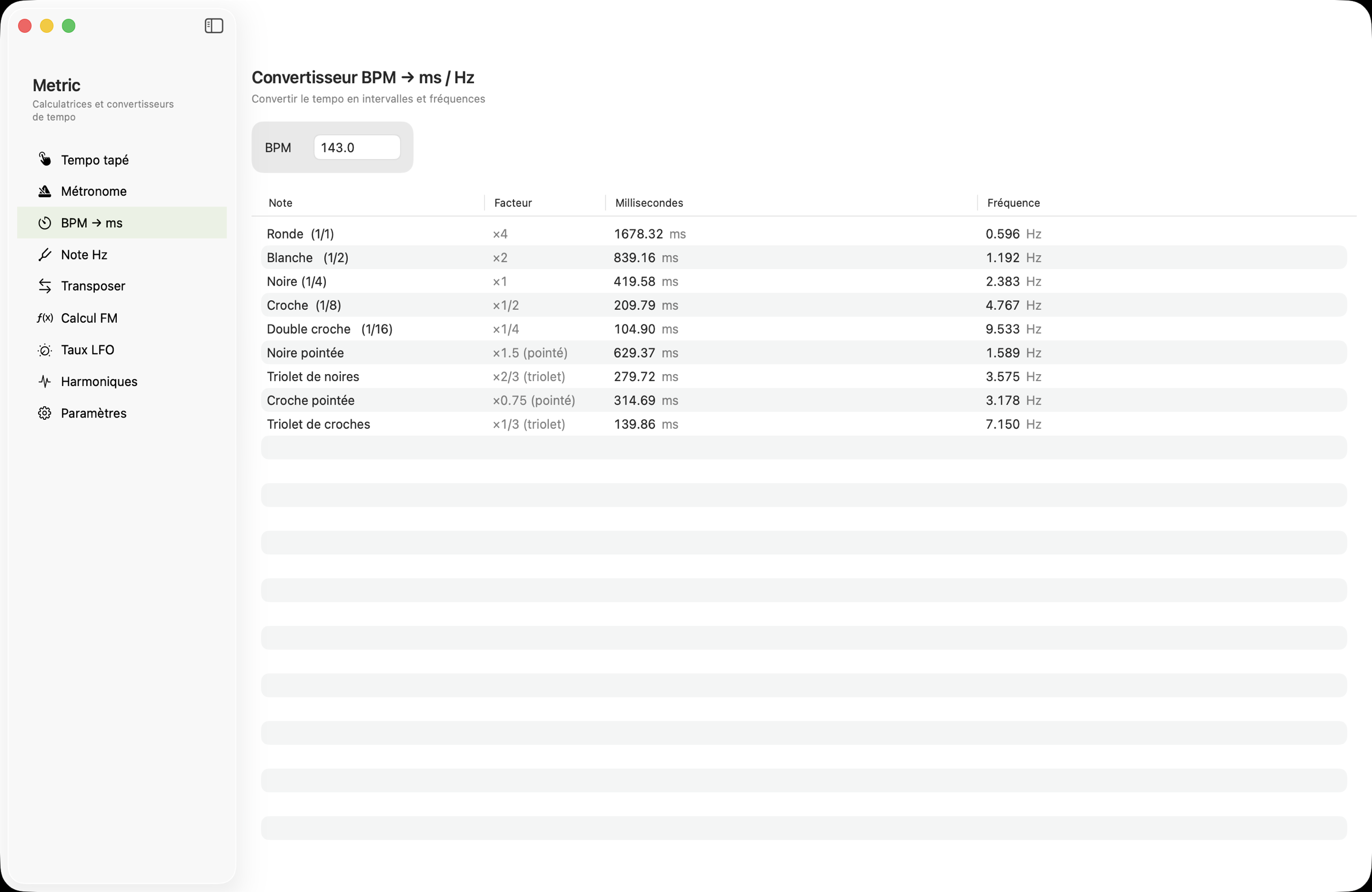 Table BPM vers ms/Hz sur macOS