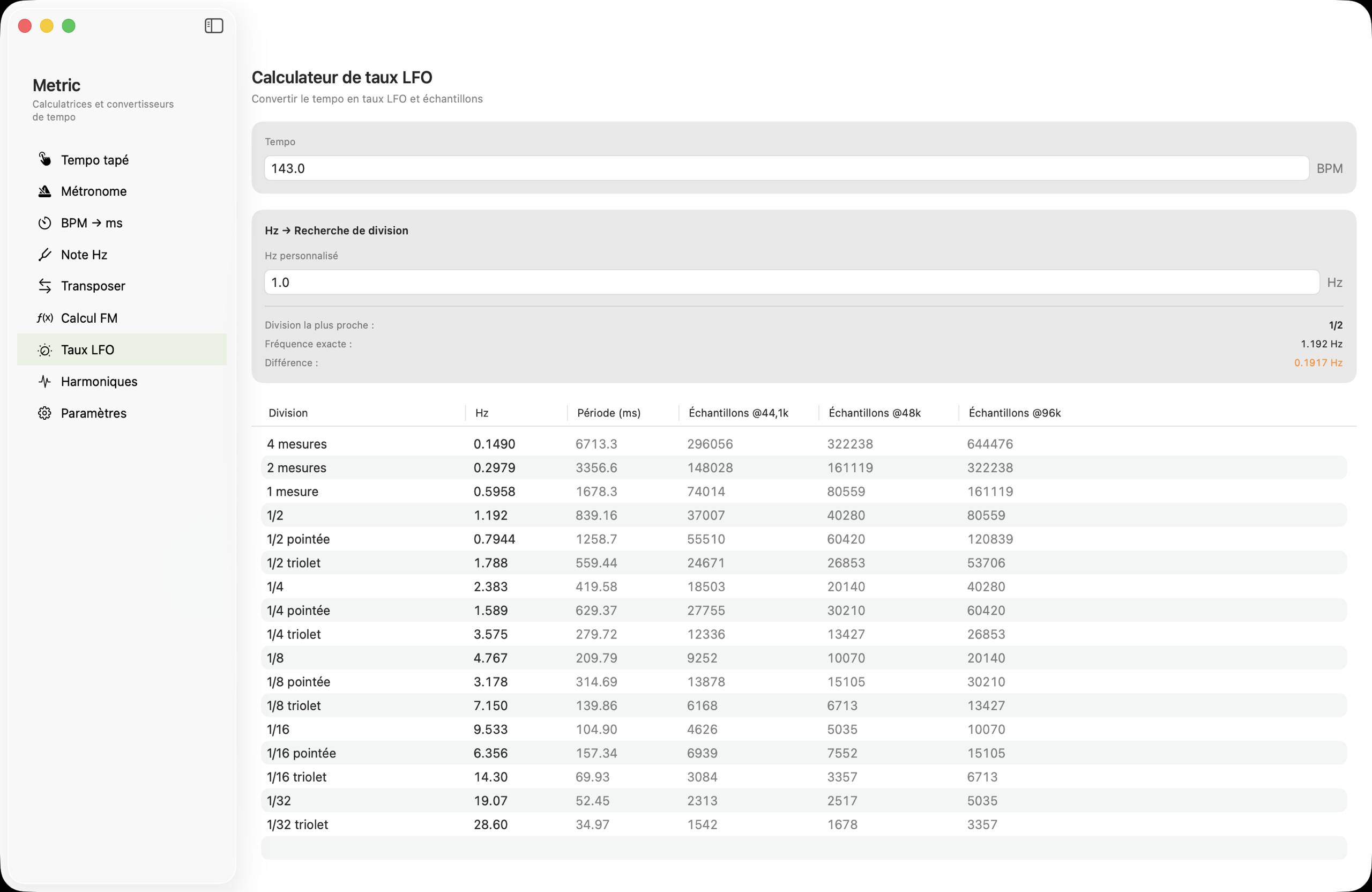 Calculateur de taux LFO sur macOS