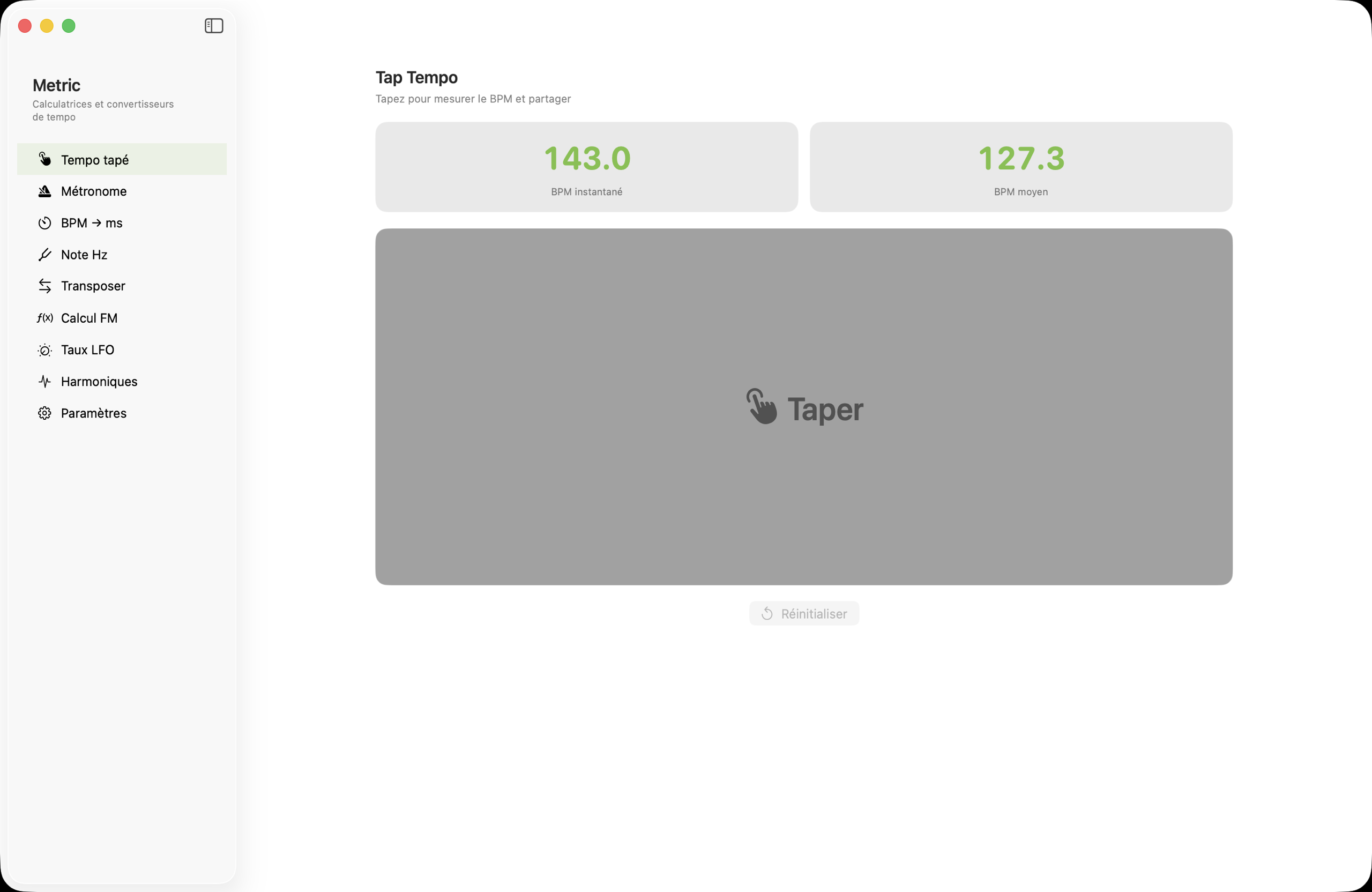 Écran de présélections de tempo sur macOS