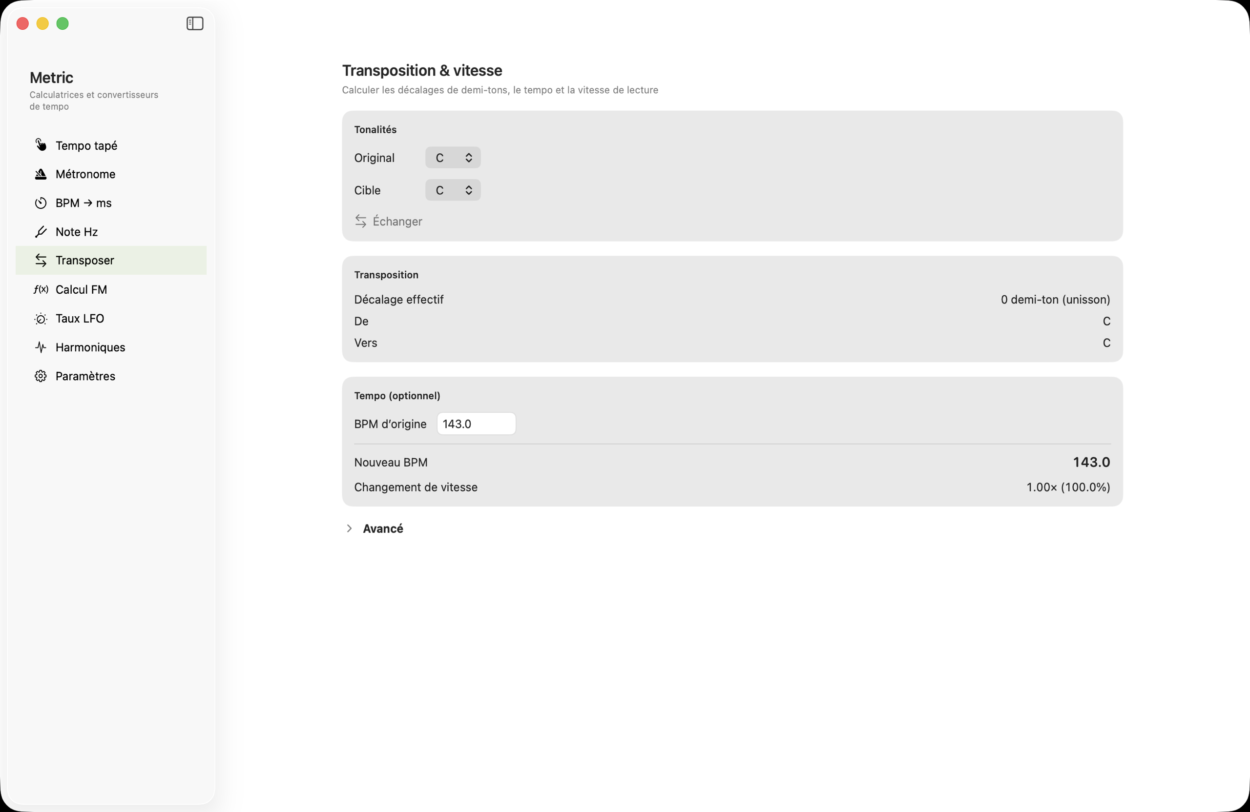 Outil de transposition et vitesse sur macOS
