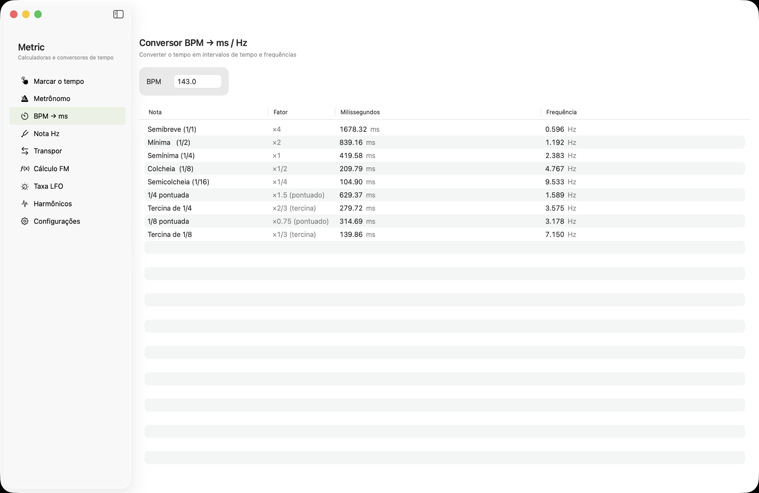 Tabela BPM para ms/Hz no macOS