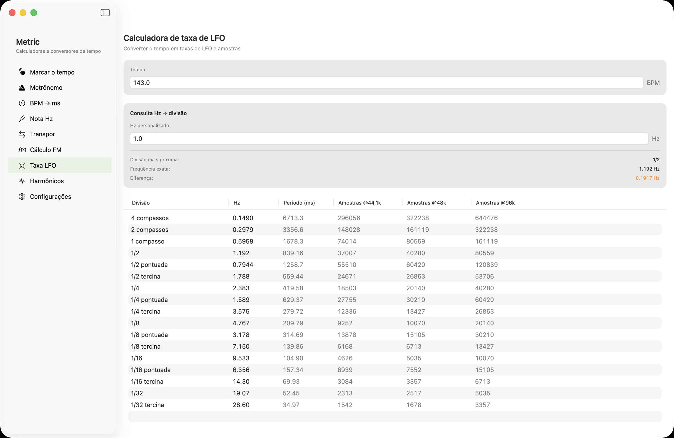 Calculadora de Taxa LFO no macOS