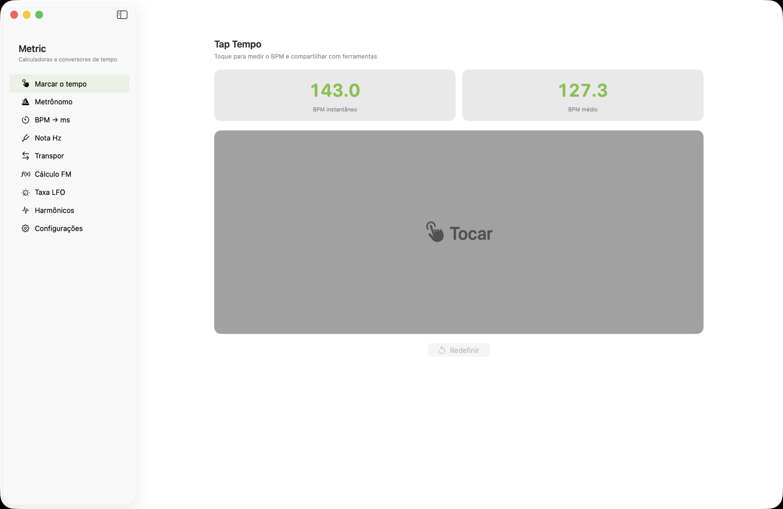 Tela de presets Tap Tempo no macOS