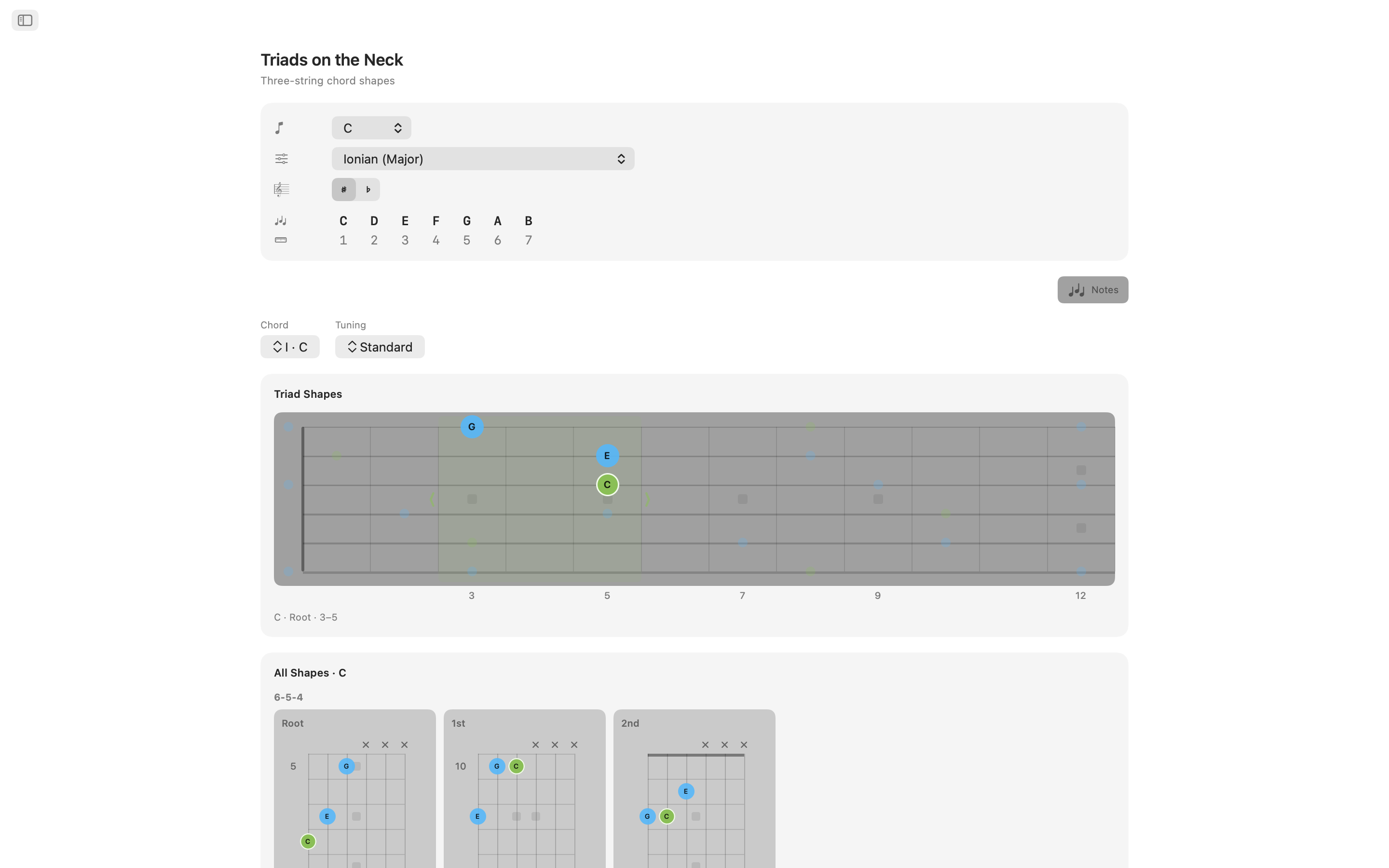 Triad shapes on the fretboard on macOS