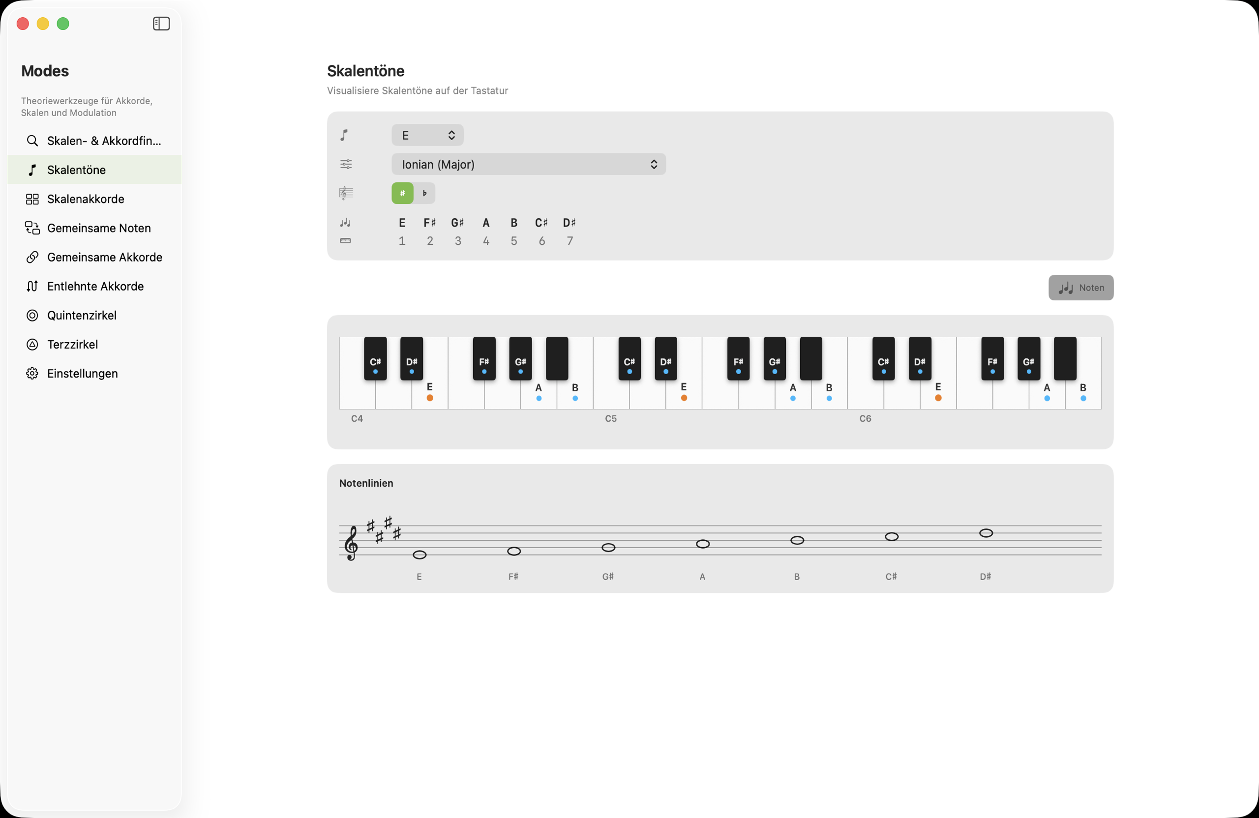 Töne-in-der-Tonart-Bildschirm auf macOS