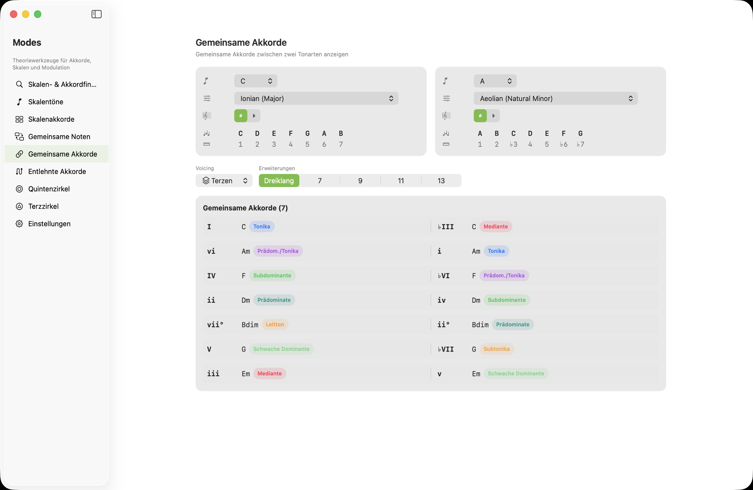 Gemeinsame-Akkorde-Bildschirm auf macOS