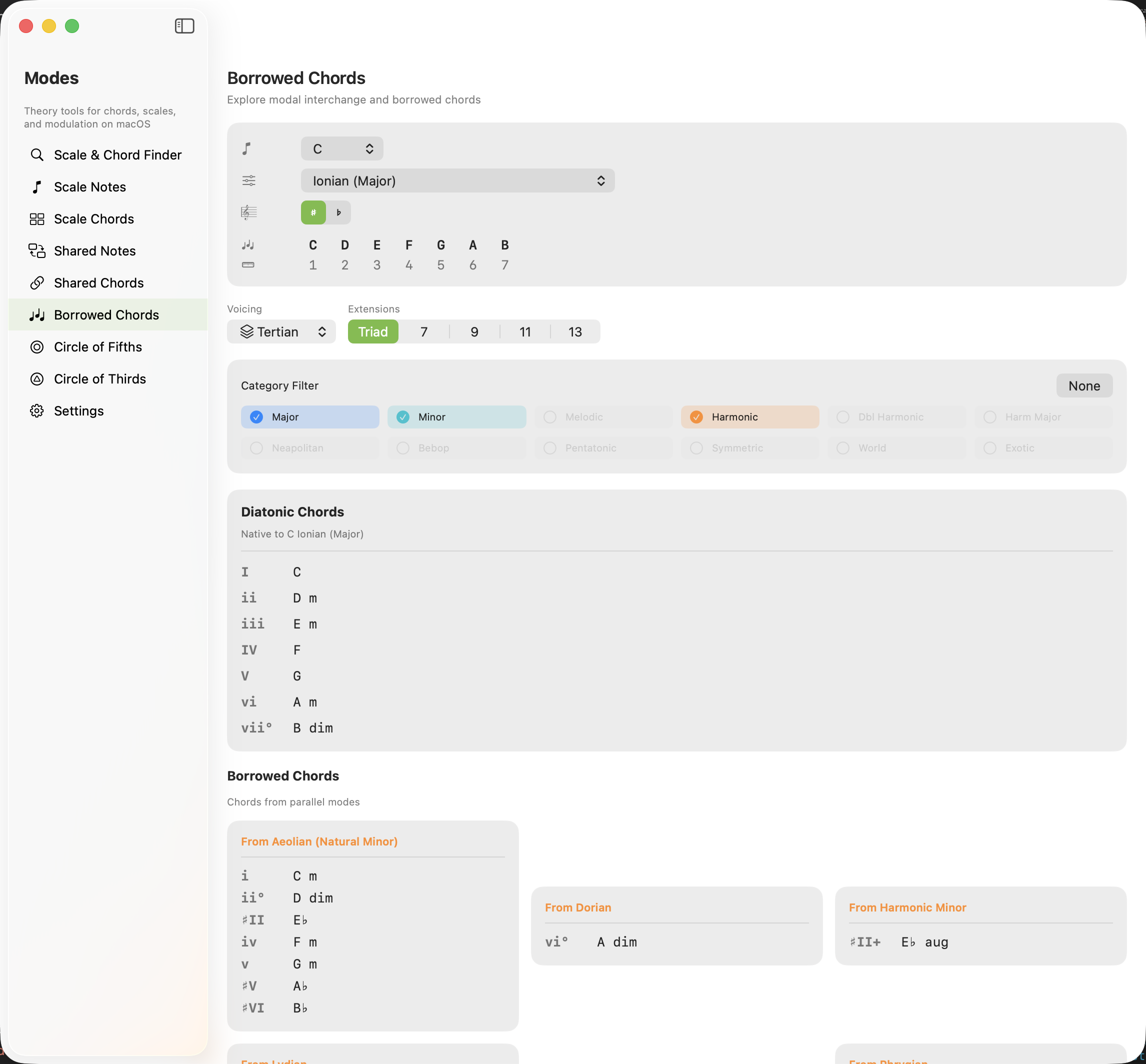 Borrowed Chords screen on macOS