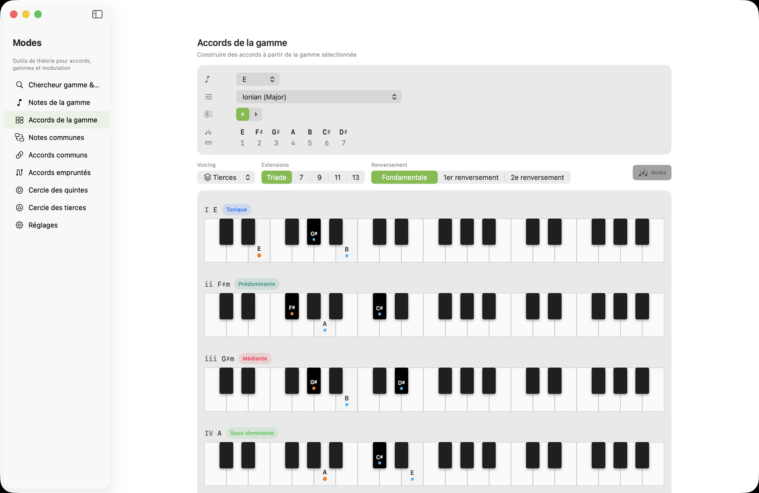 Écran des accords de gamme sur macOS