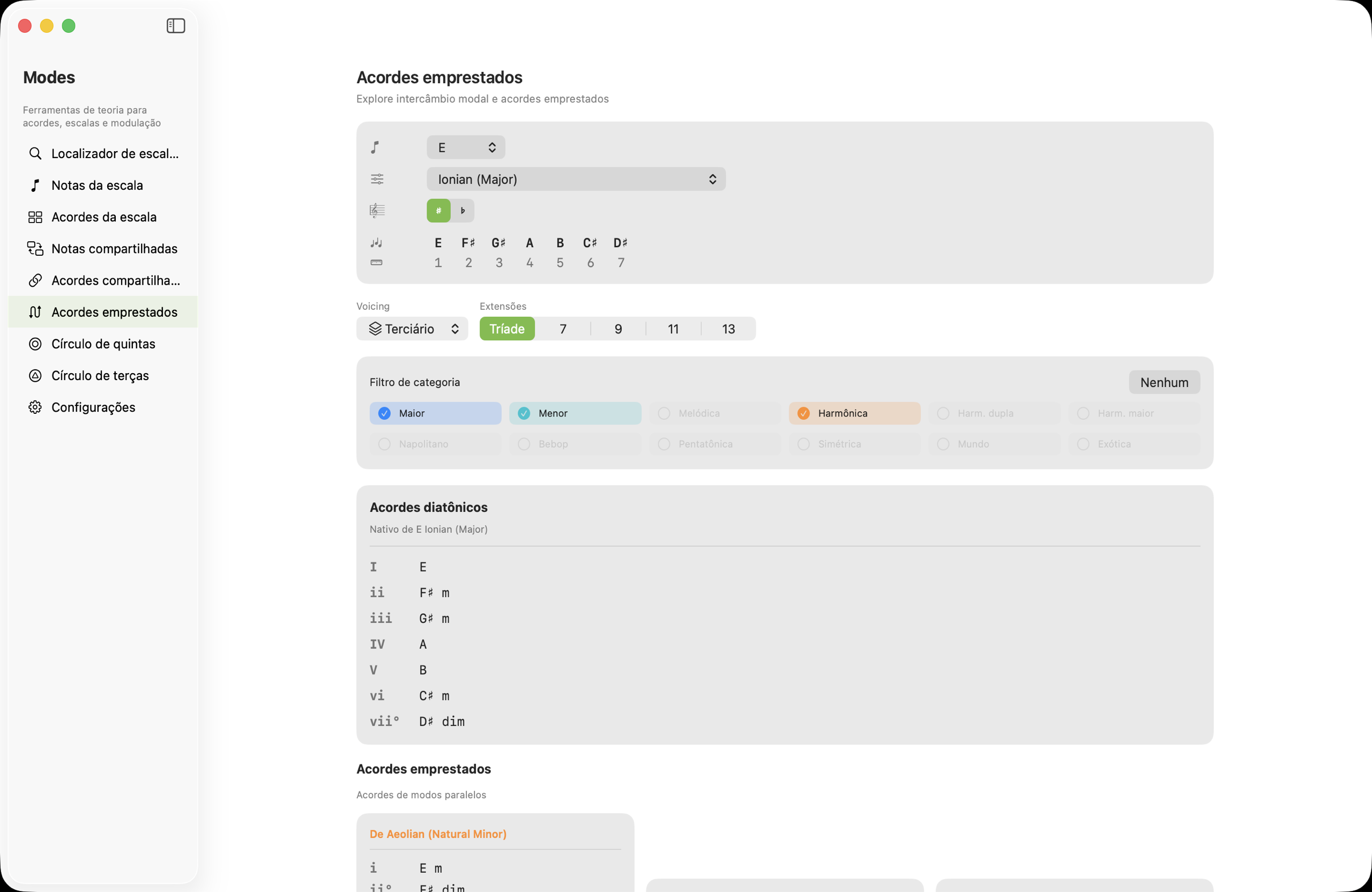 Tela de acordes emprestados no macOS