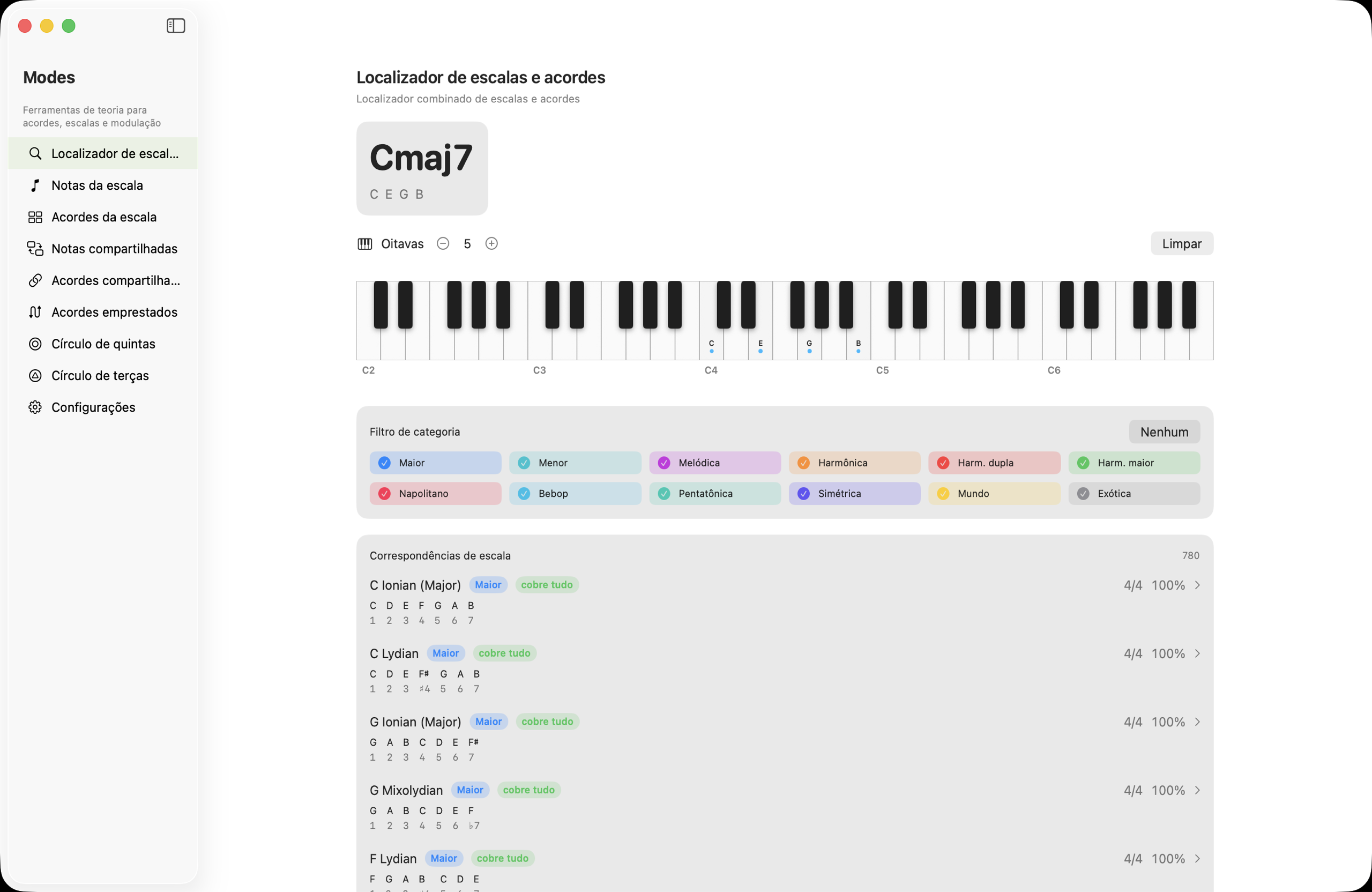 Visualização detalhada de acorde no macOS