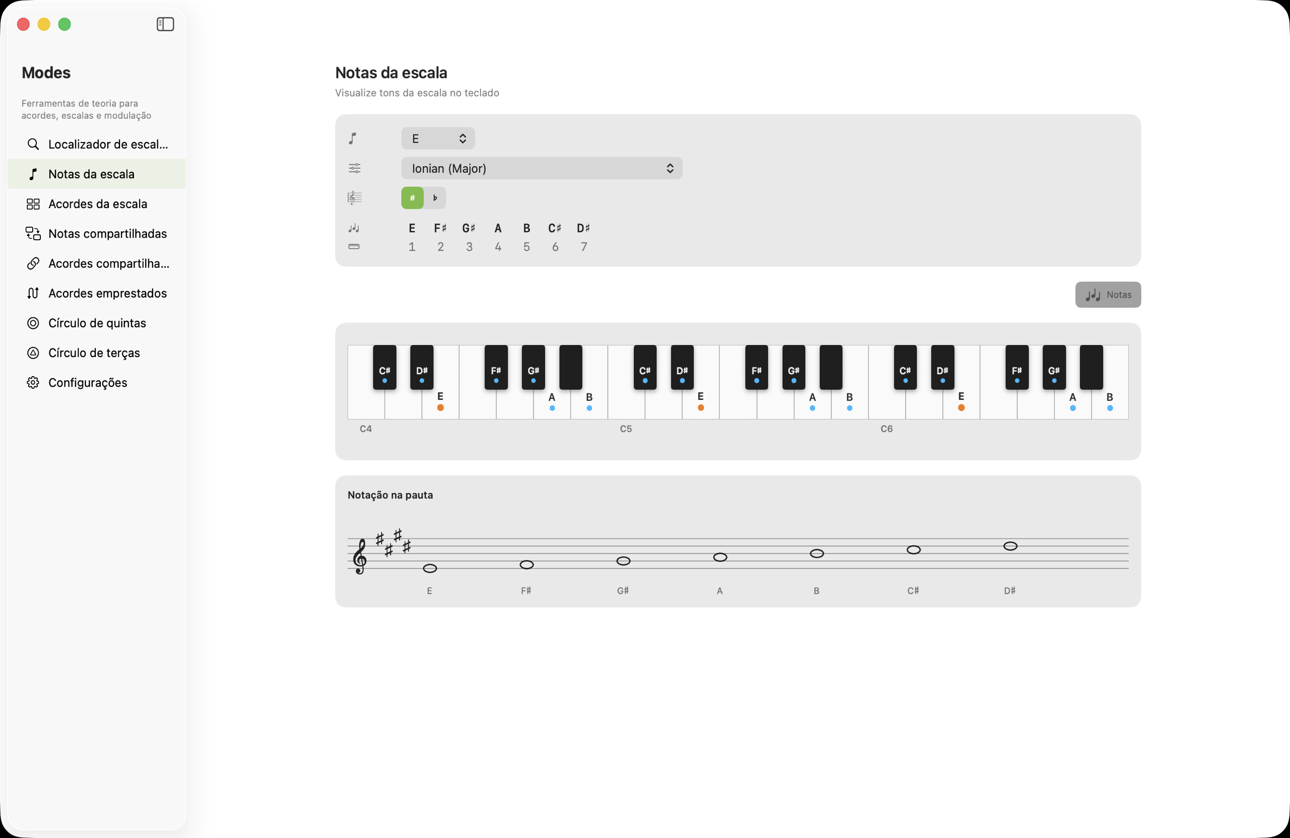 Tela de notas da escala no macOS
