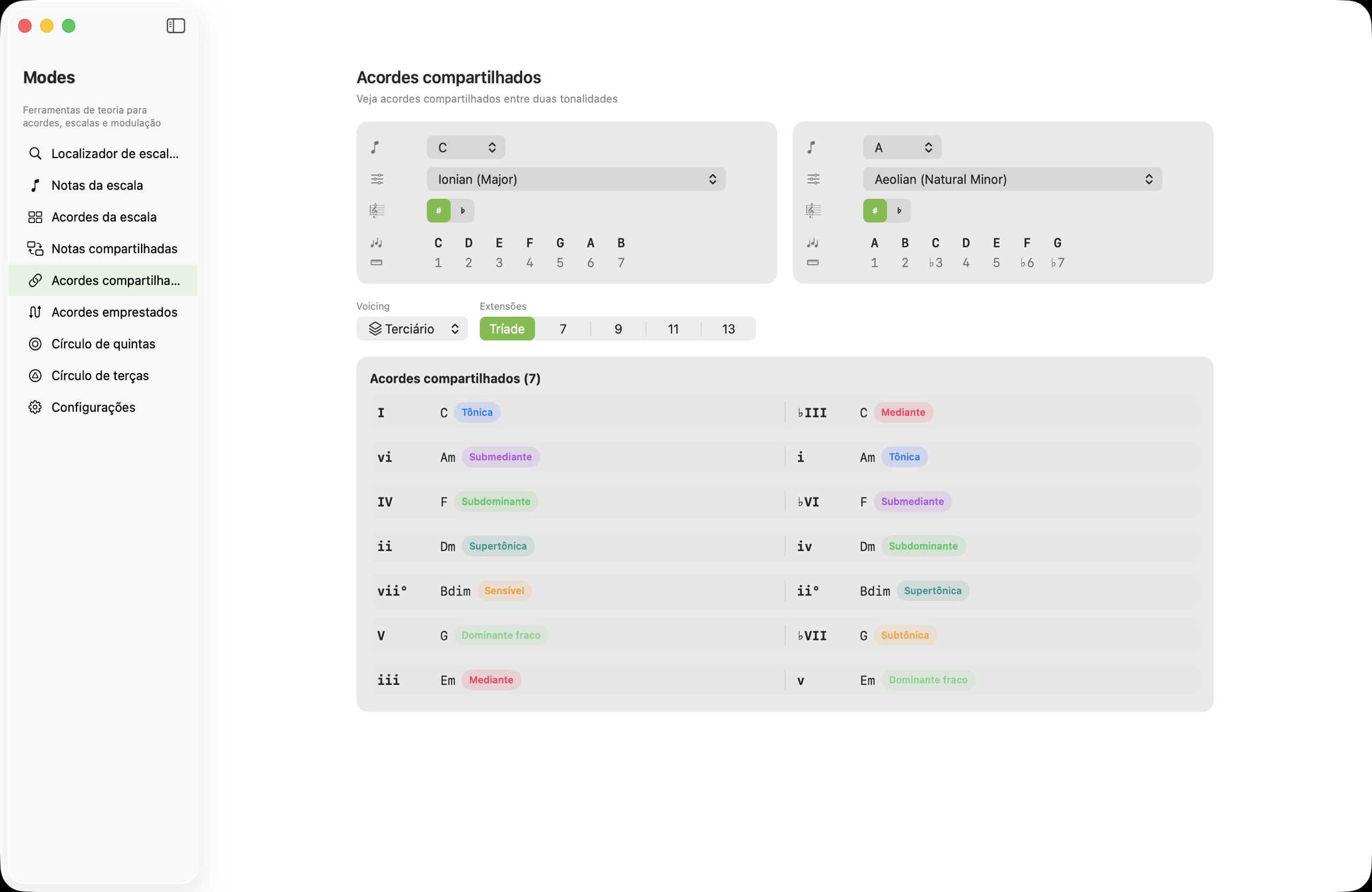 Tela de acordes compartilhados no macOS